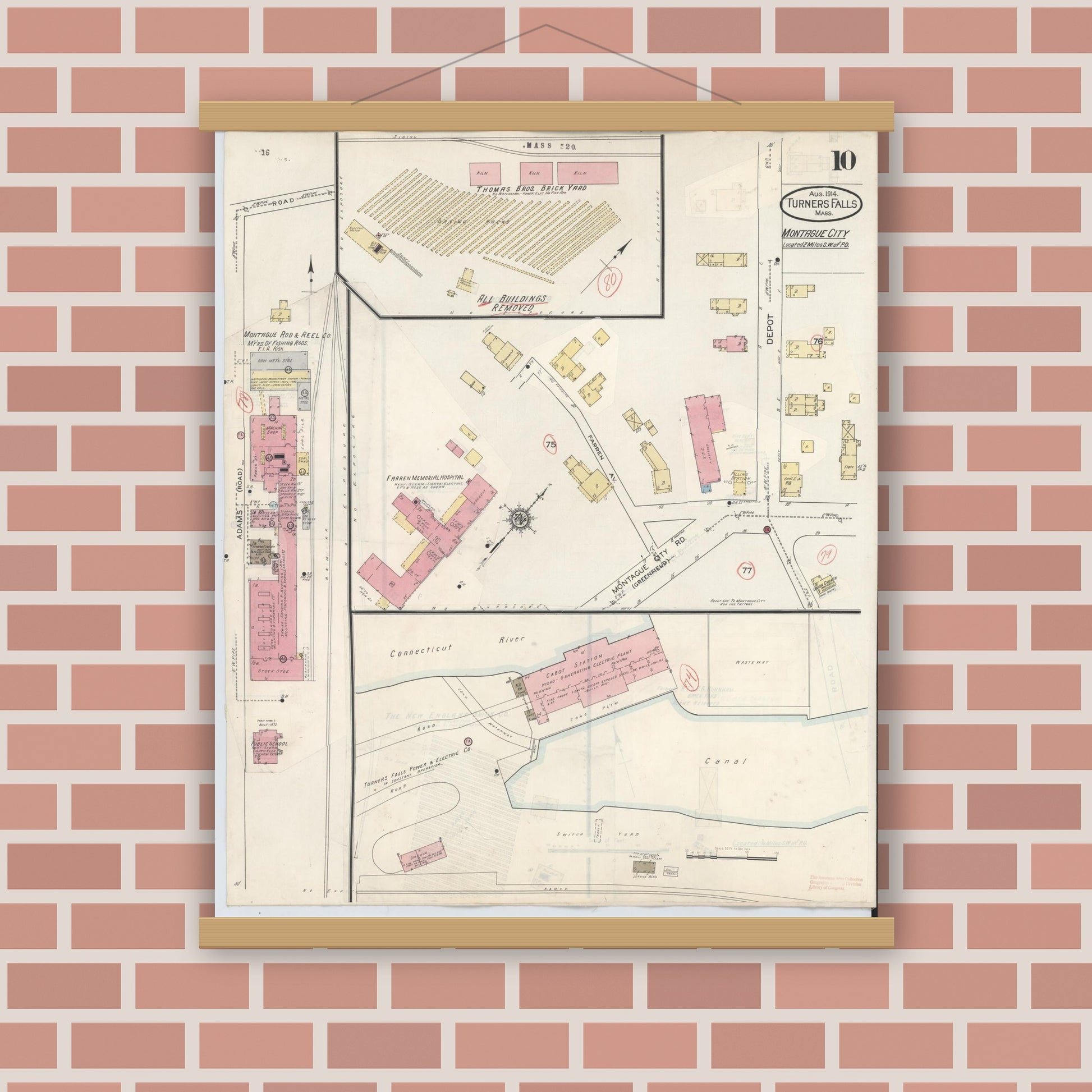 Old map wall art mockup — magnetic wood frame on brick wall — Sanborn Fire Insurance Map from Turners Falls, Franklin County, Massachusetts (1940), Sheet #0010