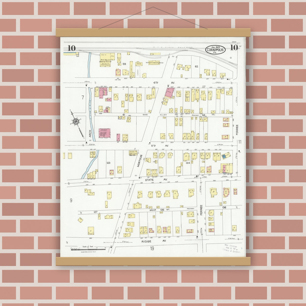 Old map wall art mockup — magnetic wood frame on brick wall — Sanborn Fire Insurance Map from Coraopolis, Allegheny County, Pennsylvania (1924), Sheet #0010