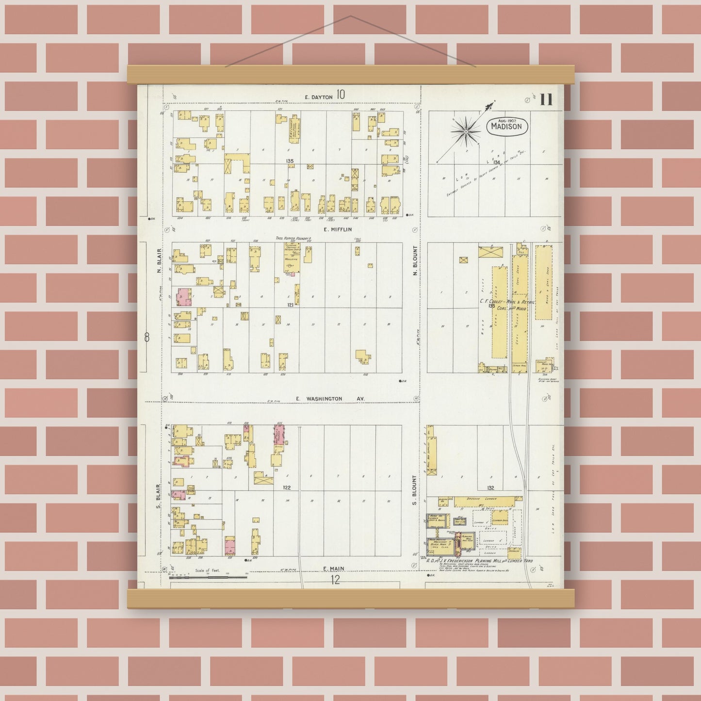 Old map wall art mockup — magnetic wood frame on brick wall — Sanborn Fire Insurance Map from Madison, Dane County, Wisconsin (1902), Sheet #0011