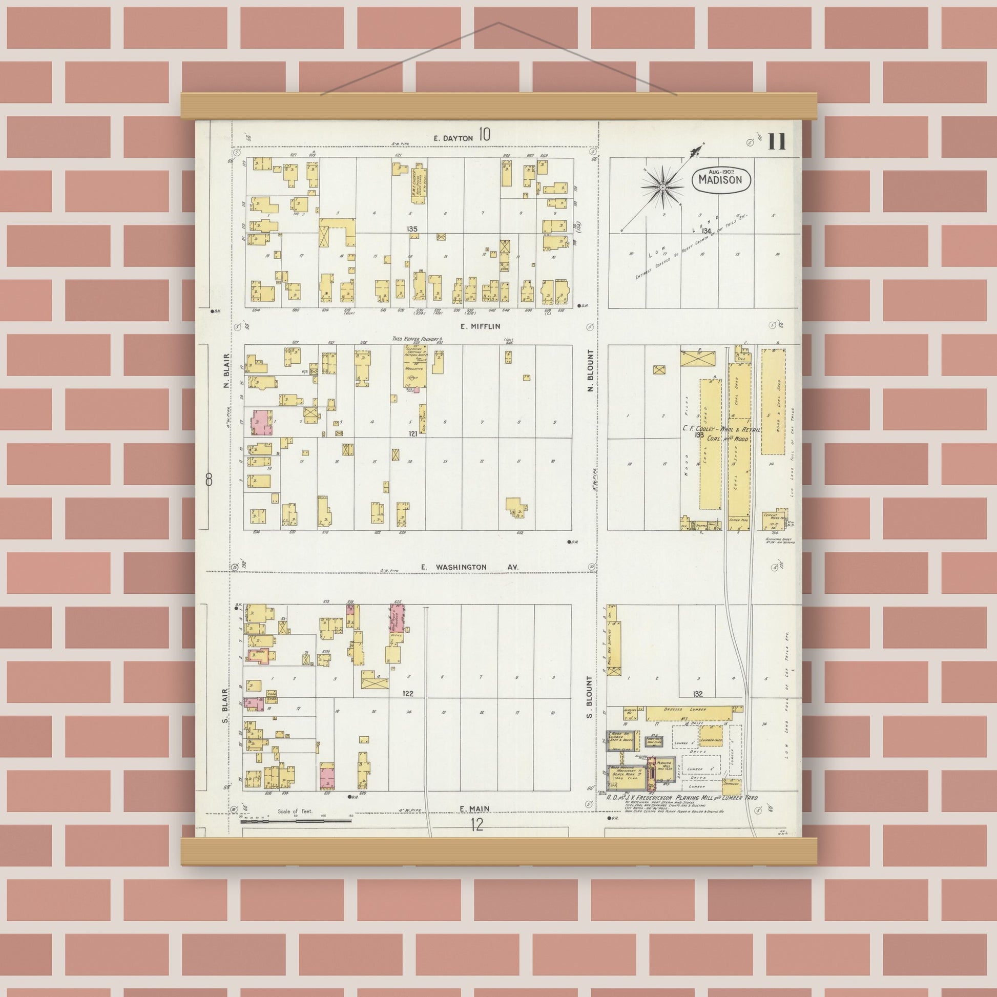 Old map wall art mockup — magnetic wood frame on brick wall — Sanborn Fire Insurance Map from Madison, Dane County, Wisconsin (1902), Sheet #0011
