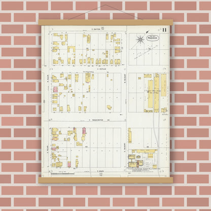 Old map wall art mockup — magnetic wood frame on brick wall — Sanborn Fire Insurance Map from Madison, Dane County, Wisconsin (1902), Sheet #0011