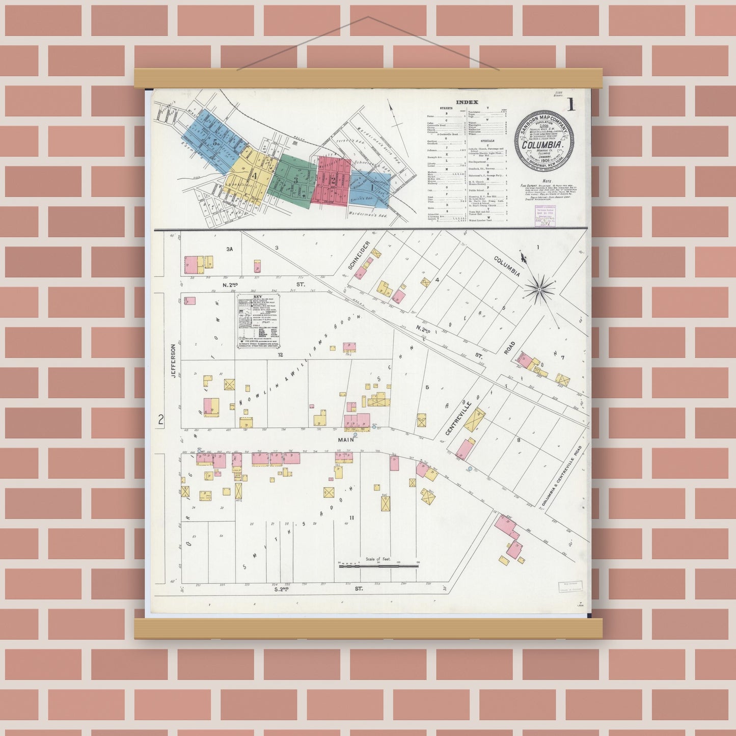 Old map wall art mockup — magnetic wood frame on brick wall — Sanborn Fire Insurance Map from Columbia, Monroe County, Illinois (1906) - Complete Map Set