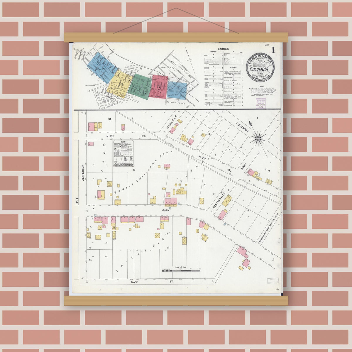 Old map wall art mockup — magnetic wood frame on brick wall — Sanborn Fire Insurance Map from Columbia, Monroe County, Illinois (1906) - Complete Map Set