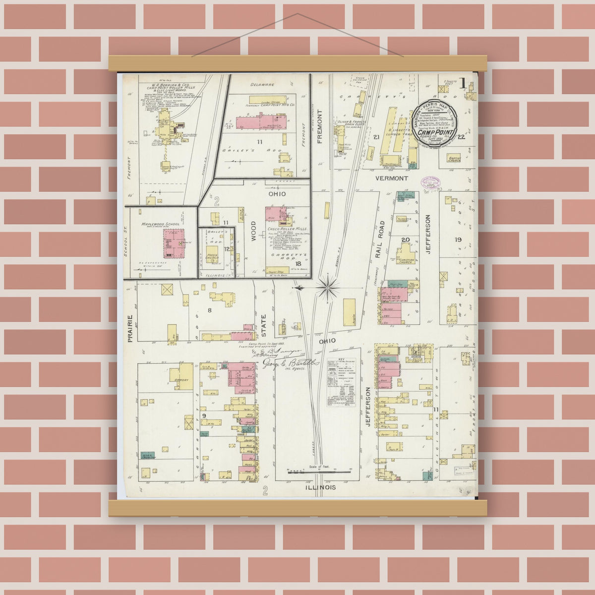 Old map wall art mockup — magnetic wood frame on brick wall — Sanborn Fire Insurance Map from Camp Point, Adams County, Illinois (1893), Sheet #0001