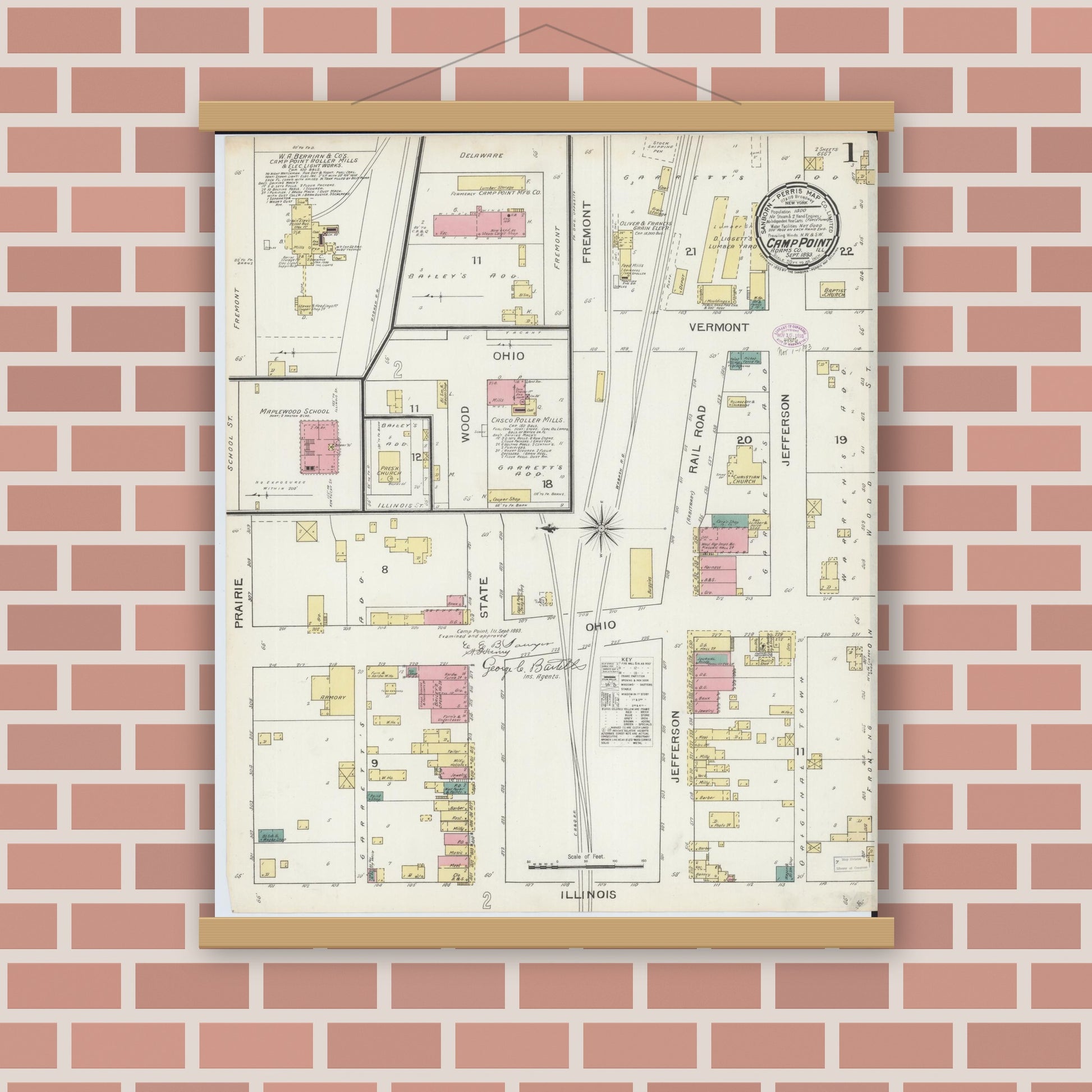 Old map wall art mockup — magnetic wood frame on brick wall — Sanborn Fire Insurance Map from Camp Point, Adams County, Illinois (1893), Sheet #0001