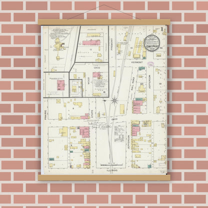 Old map wall art mockup — magnetic wood frame on brick wall — Sanborn Fire Insurance Map from Camp Point, Adams County, Illinois (1893), Sheet #0001