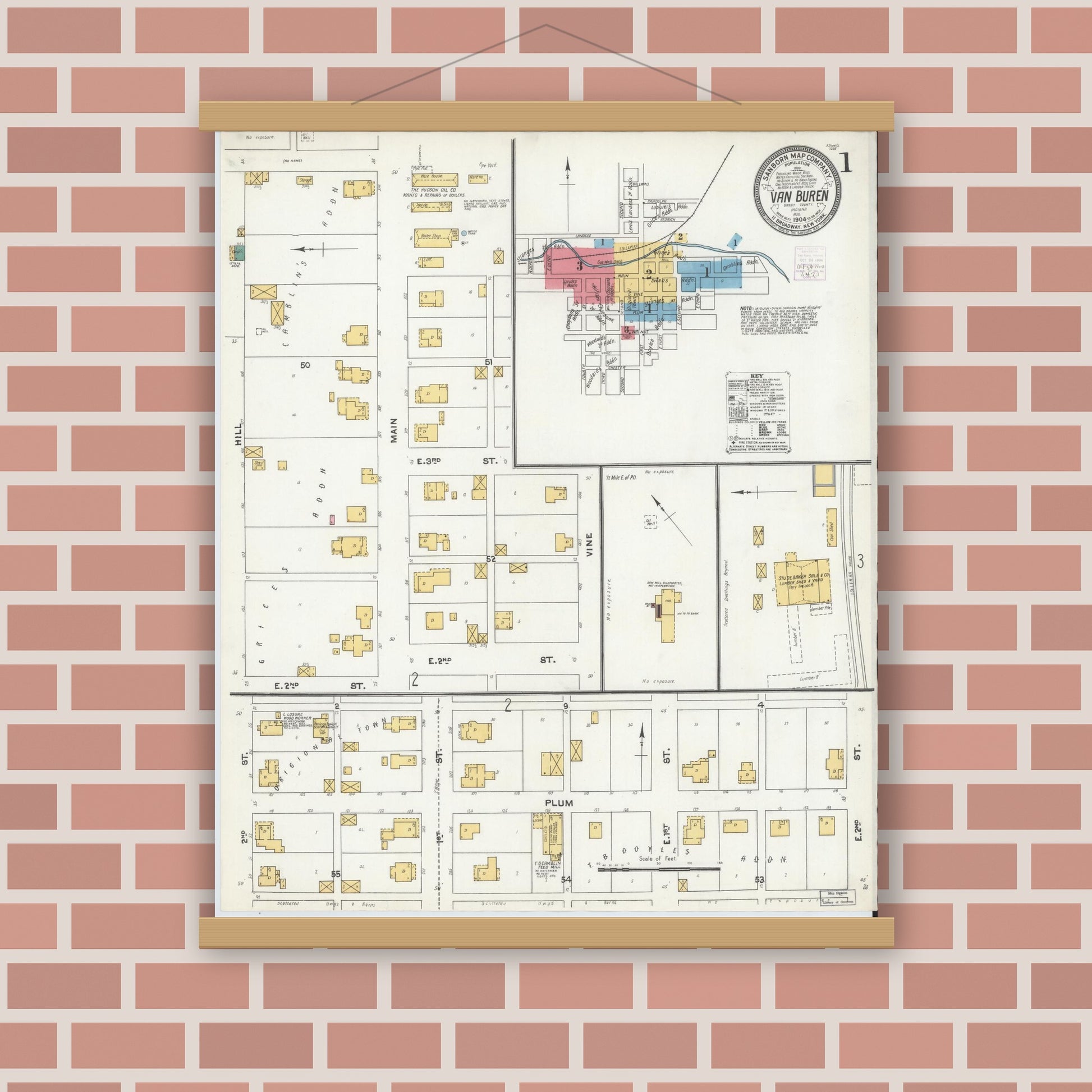 Old map wall art mockup — magnetic wood frame on brick wall — Sanborn Fire Insurance Map from Van Buren, Grant County, Indiana (1904) - Complete Map Set