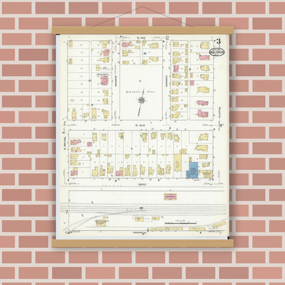 Old map wall art mockup — magnetic wood frame on brick wall — Sanborn Fire Insurance Map from Wauseon, Fulton County, Ohio (1916), Sheet #0003