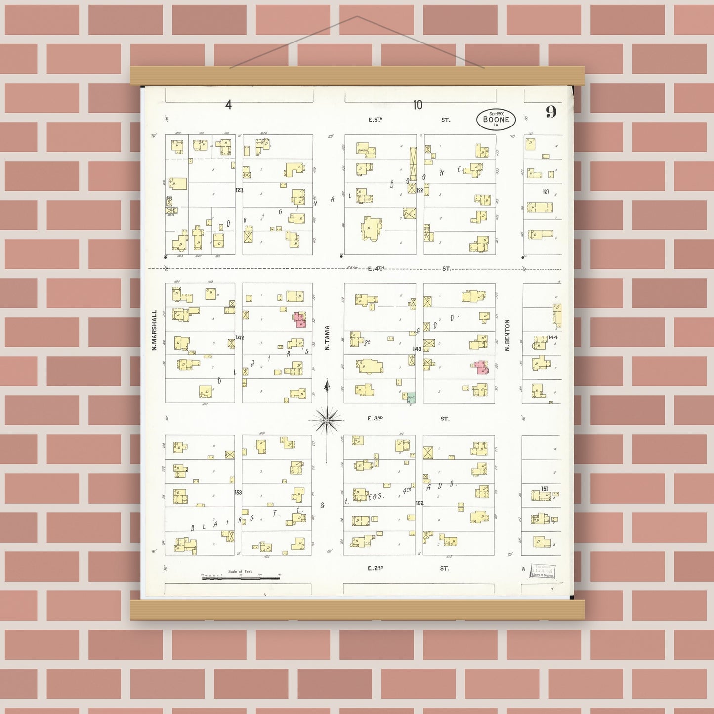 Old map wall art mockup — magnetic wood frame on brick wall — Sanborn Fire Insurance Map from Boone, Boone County, Iowa (1900), Sheet #0009