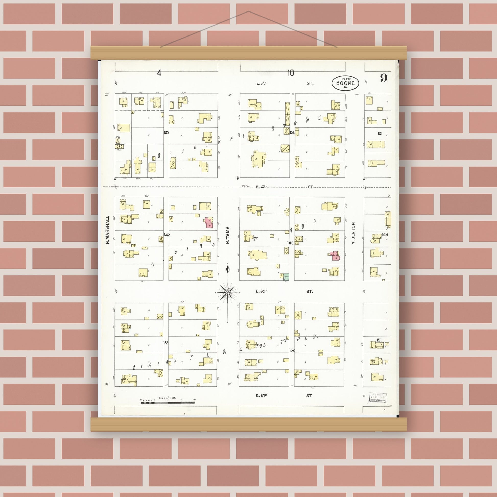 Old map wall art mockup — magnetic wood frame on brick wall — Sanborn Fire Insurance Map from Boone, Boone County, Iowa (1900), Sheet #0009