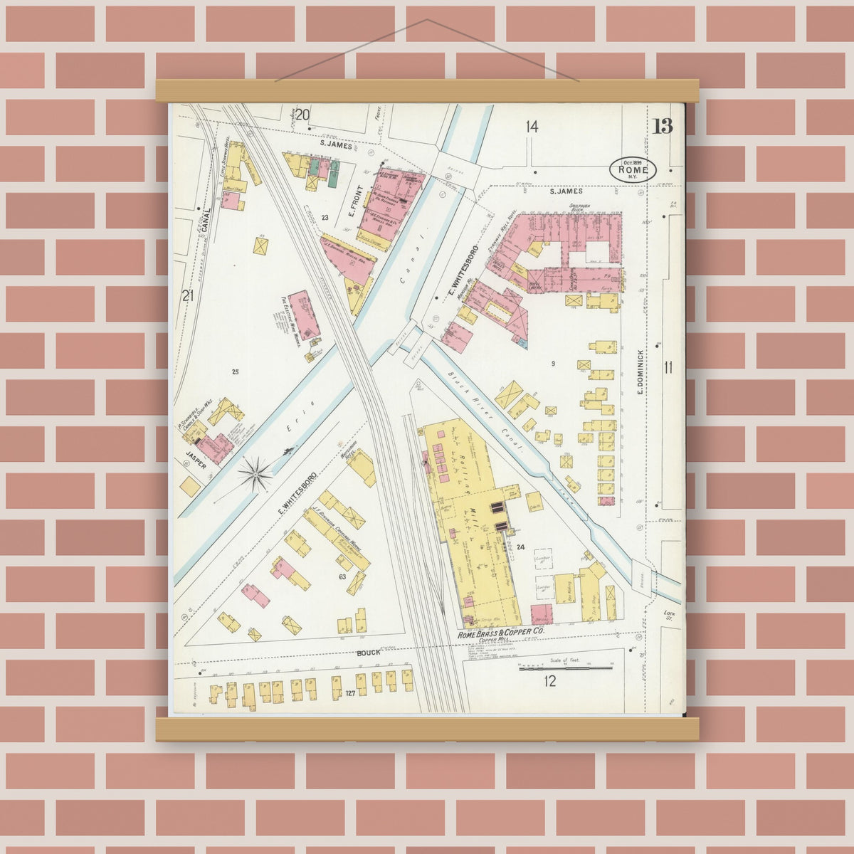 Old map wall art mockup — magnetic wood frame on brick wall — Sanborn Fire Insurance Map from Rome, Oneida County, New York (1899), Sheet #0013