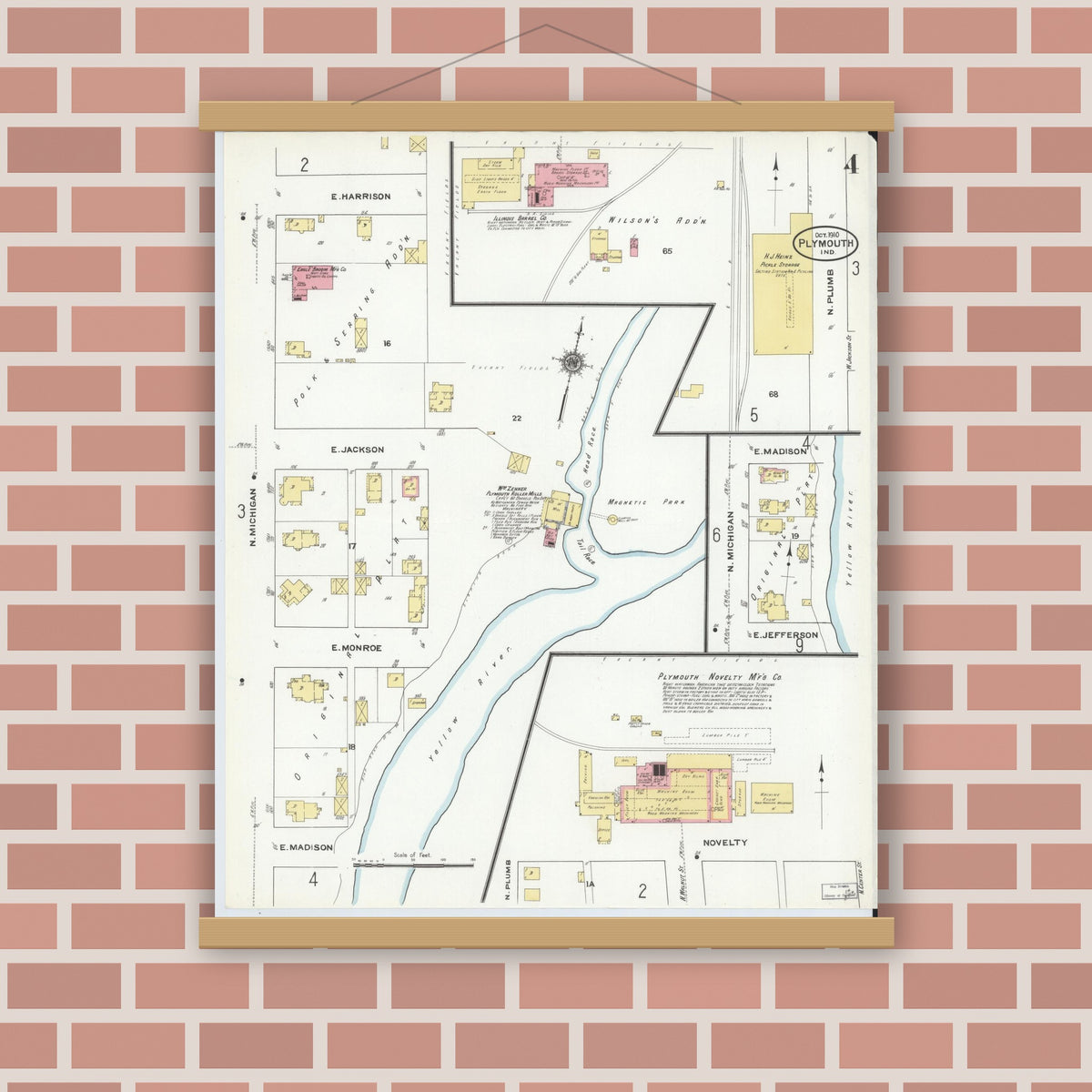 Old map wall art mockup — magnetic wood frame on brick wall — Sanborn Fire Insurance Map from Plymouth, Marhshall County, Indiana (1910), Sheet #0004