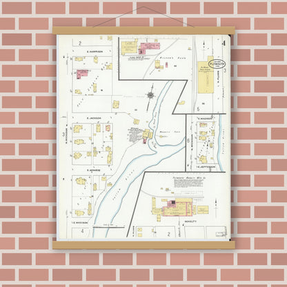 Old map wall art mockup — magnetic wood frame on brick wall — Sanborn Fire Insurance Map from Plymouth, Marhshall County, Indiana (1910), Sheet #0004