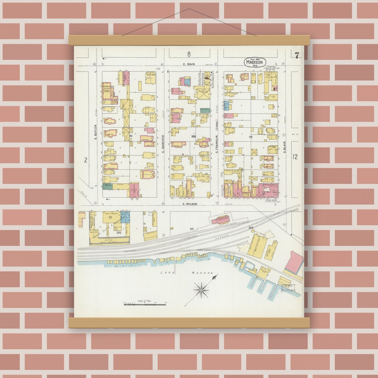 Old map wall art mockup — magnetic wood frame on brick wall — Sanborn Fire Insurance Map from Madison, Dane County, Wisconsin (1902), Sheet #0007