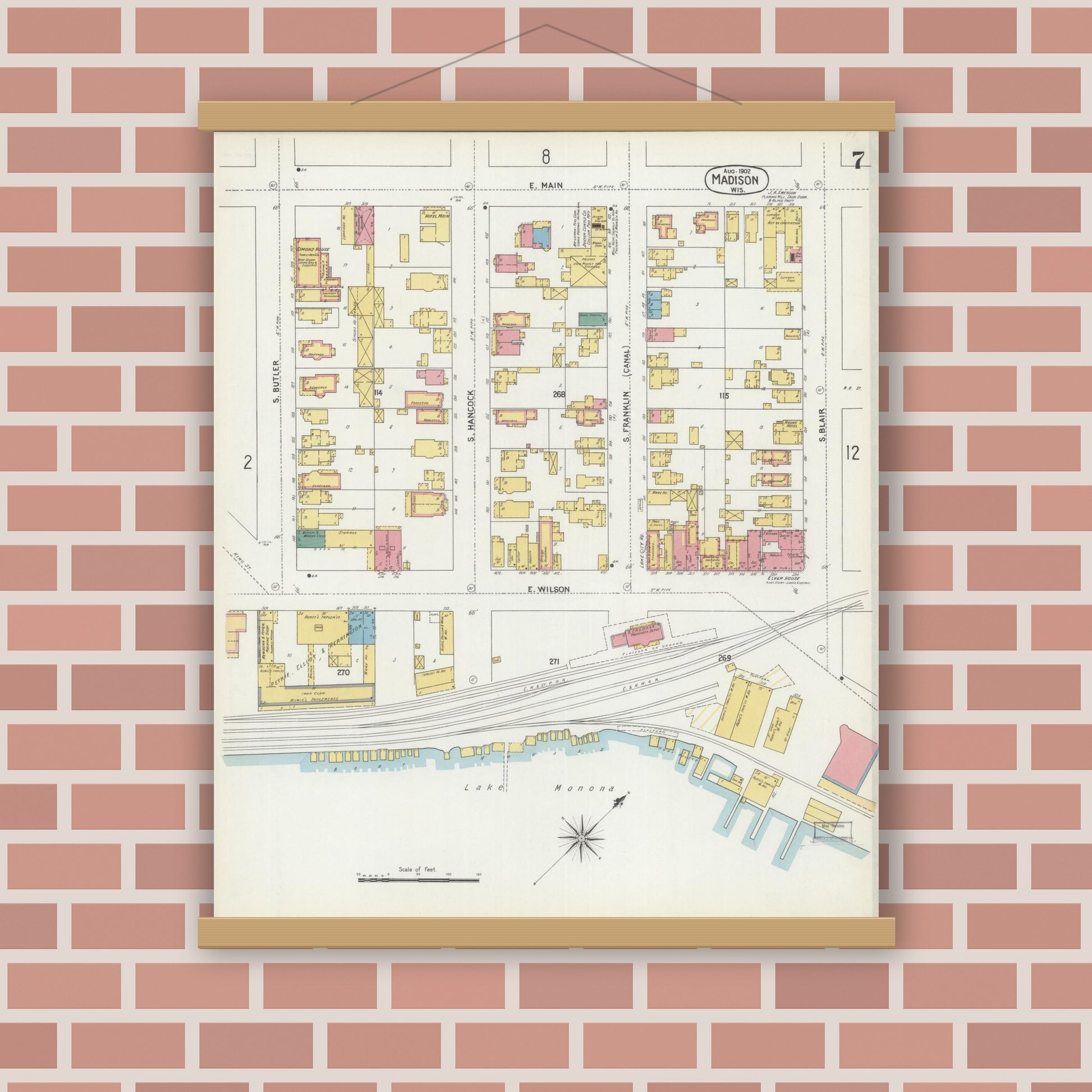 Old map wall art mockup — magnetic wood frame on brick wall — Sanborn Fire Insurance Map from Madison, Dane County, Wisconsin (1902), Sheet #0007