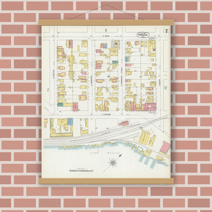 Old map wall art mockup — magnetic wood frame on brick wall — Sanborn Fire Insurance Map from Madison, Dane County, Wisconsin (1902), Sheet #0007