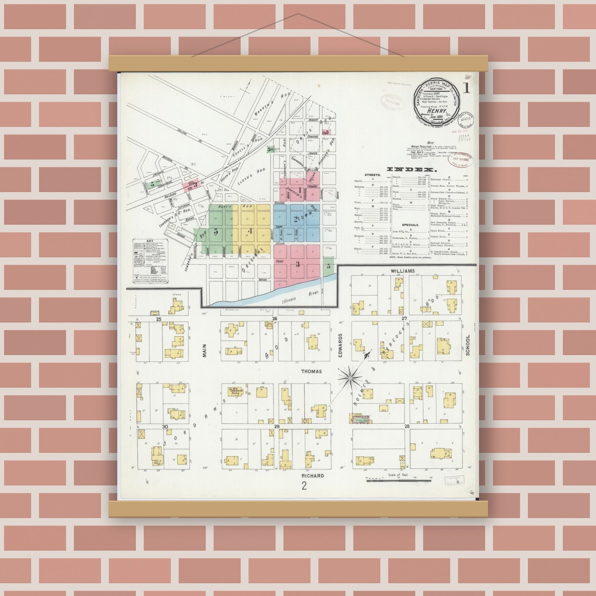 Old map wall art mockup — magnetic wood frame on brick wall — Sanborn Fire Insurance Map from Henry, Marshall County, Illinois (1899) - Complete Map Set