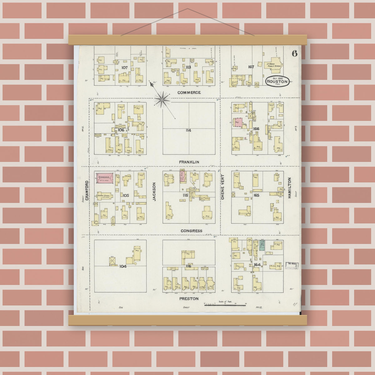 Old map wall art mockup — magnetic wood frame on brick wall — Sanborn Fire Insurance Map from Houston, Harris County, Texas (1890), Sheet #0006