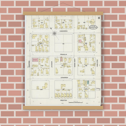 Old map wall art mockup — magnetic wood frame on brick wall — Sanborn Fire Insurance Map from Houston, Harris County, Texas (1890), Sheet #0006