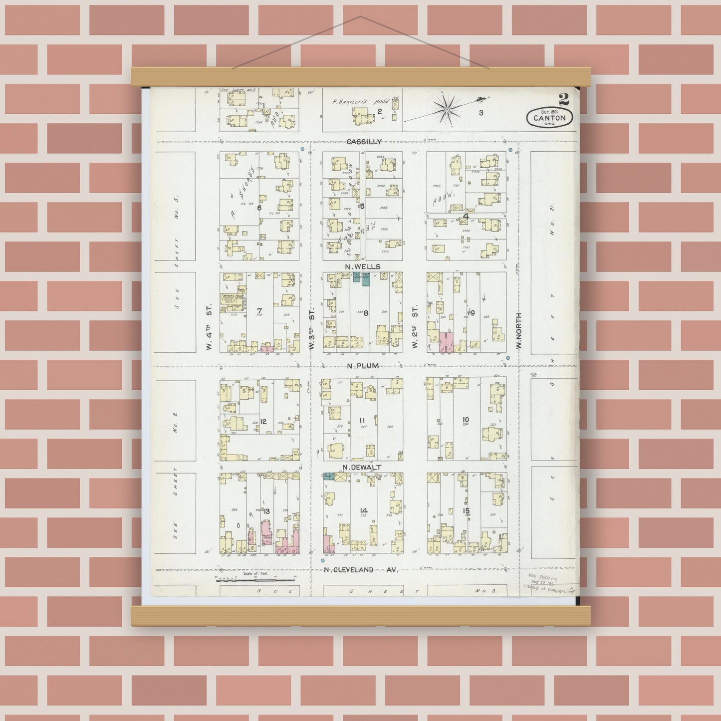 Old map wall art mockup — magnetic wood frame on brick wall — Sanborn Fire Insurance Map from Canton, Stark County, Ohio (1891), Sheet #0002