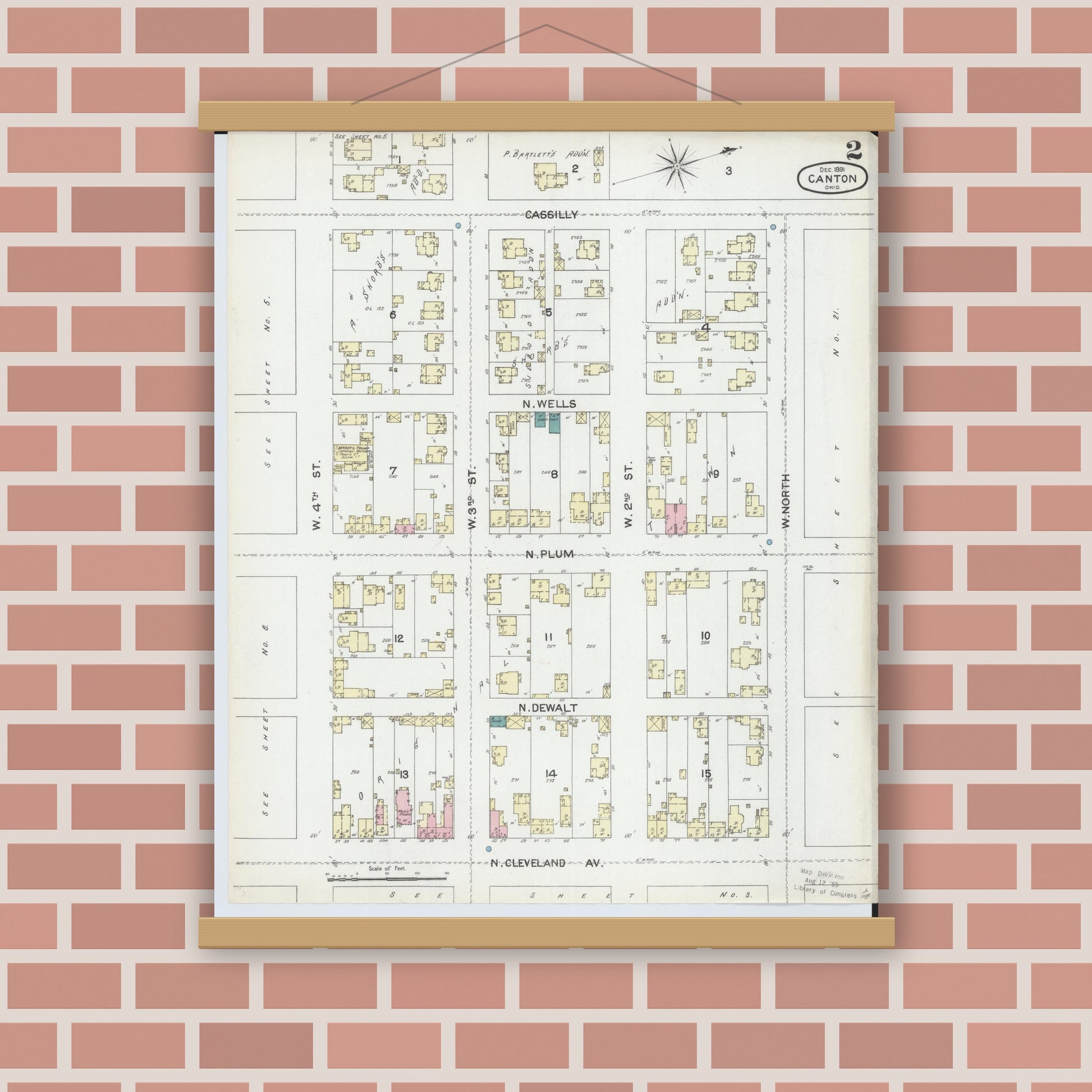 Old map wall art mockup — magnetic wood frame on brick wall — Sanborn Fire Insurance Map from Canton, Stark County, Ohio (1891), Sheet #0002