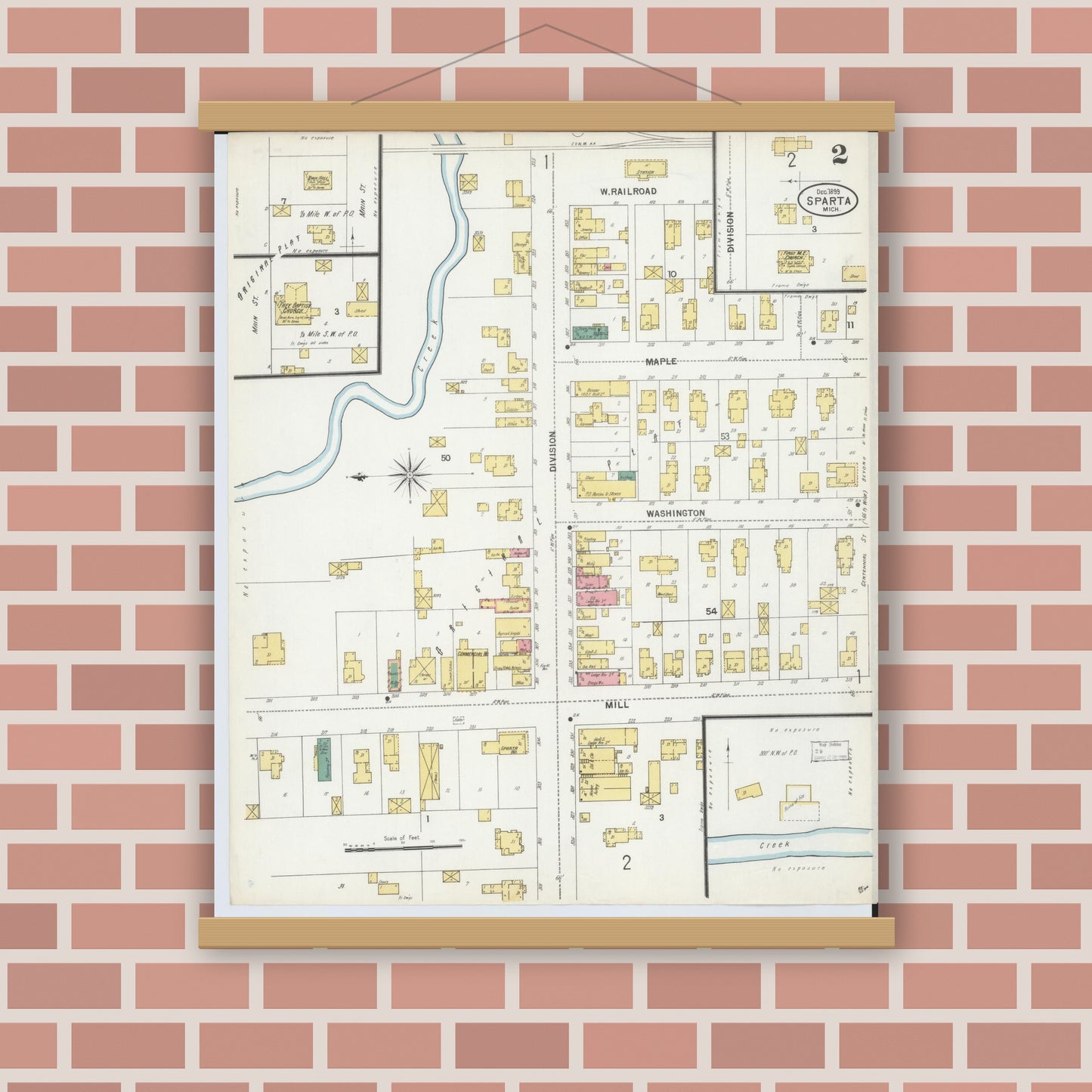 Old map wall art mockup — magnetic wood frame on brick wall — Sanborn Fire Insurance Map from Sparta, Kent County, Michigan (1899), Sheet #0002