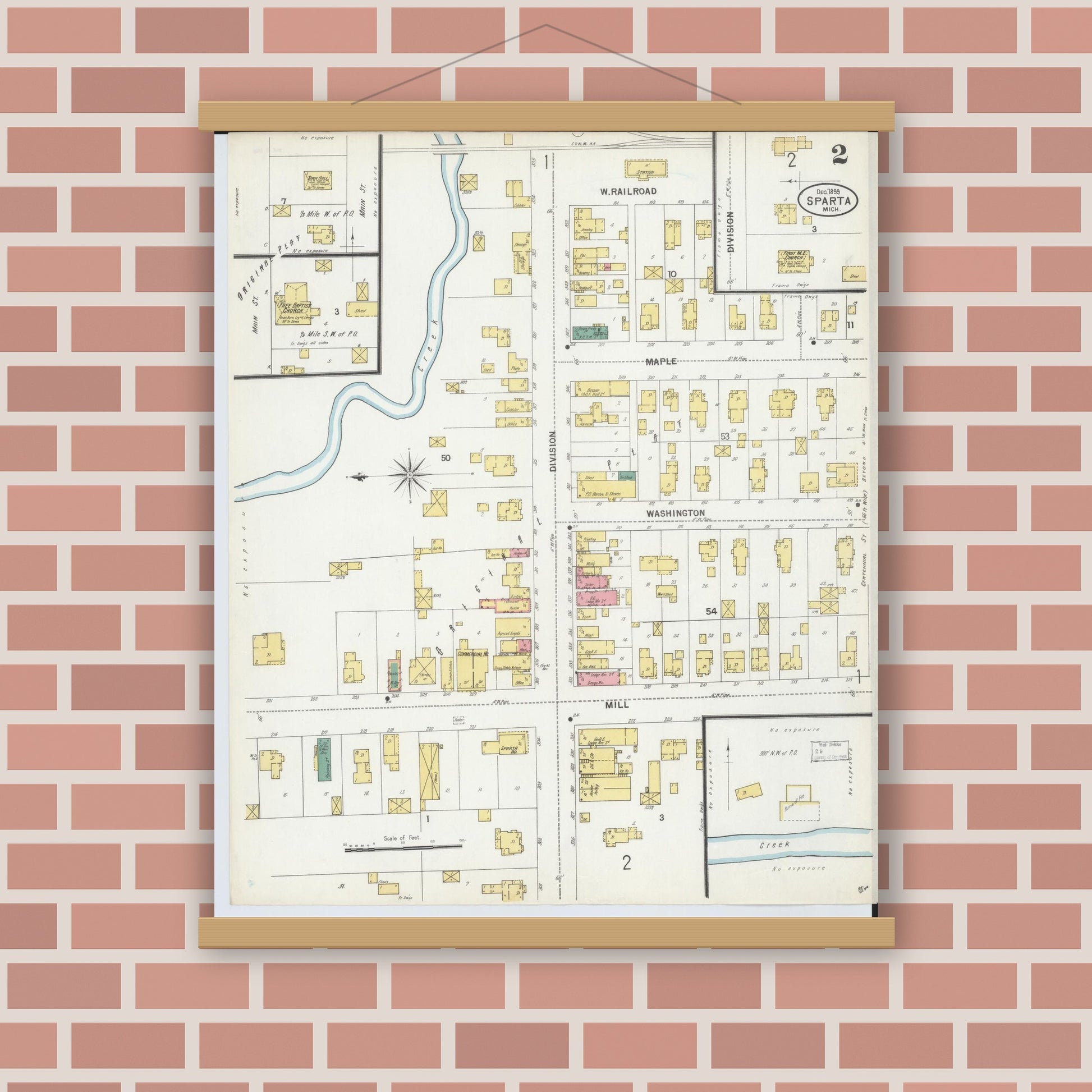 Old map wall art mockup — magnetic wood frame on brick wall — Sanborn Fire Insurance Map from Sparta, Kent County, Michigan (1899), Sheet #0002