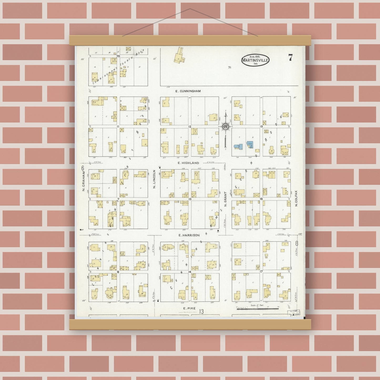 Old map wall art mockup — magnetic wood frame on brick wall — Sanborn Fire Insurance Map from Martinsville, Morgan County, Indiana (1916), Sheet #0007