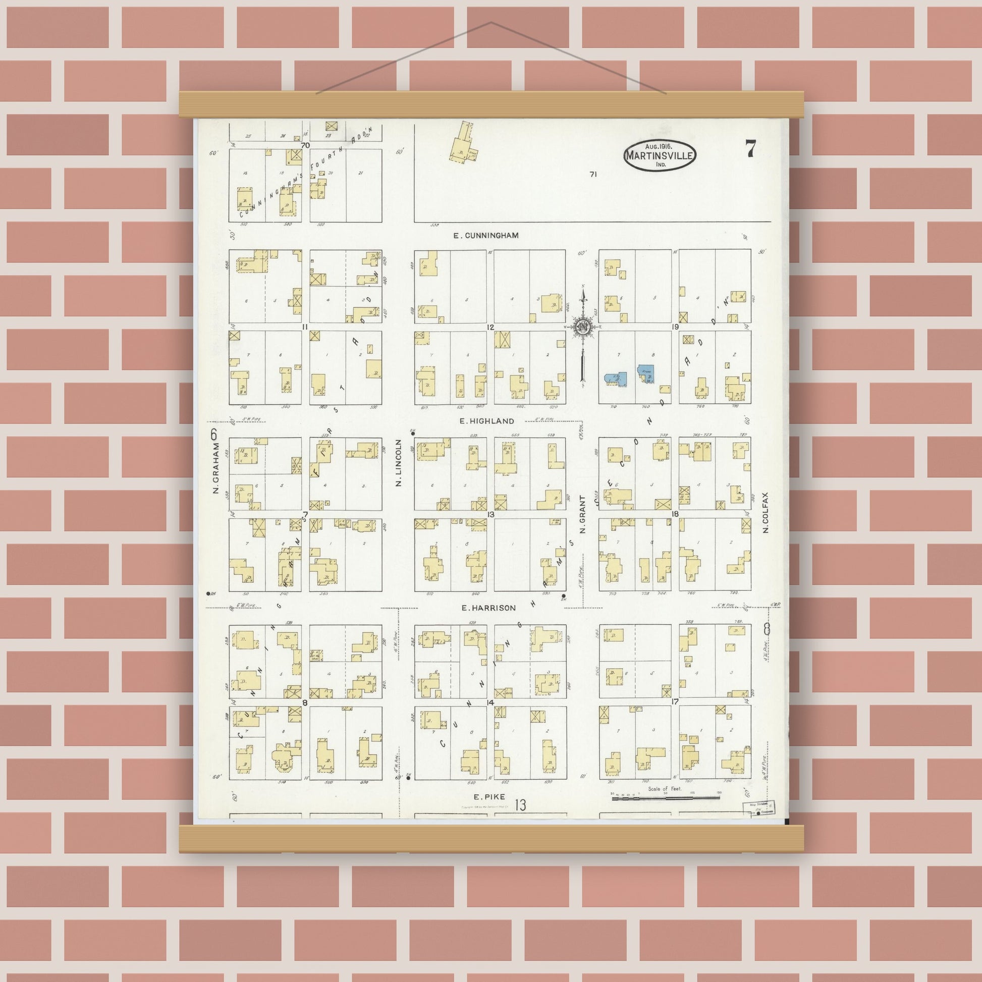 Old map wall art mockup — magnetic wood frame on brick wall — Sanborn Fire Insurance Map from Martinsville, Morgan County, Indiana (1916), Sheet #0007