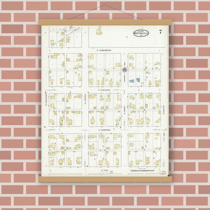 Old map wall art mockup — magnetic wood frame on brick wall — Sanborn Fire Insurance Map from Martinsville, Morgan County, Indiana (1916), Sheet #0007