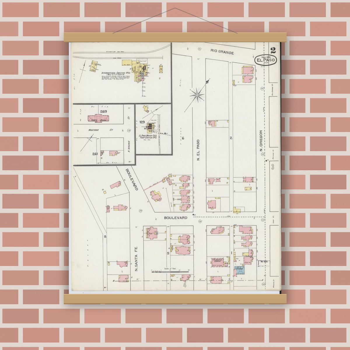 Old map wall art mockup — magnetic wood frame on brick wall — Sanborn Fire Insurance Map from El Paso, El Paso County, Texas (1893), Sheet #0002
