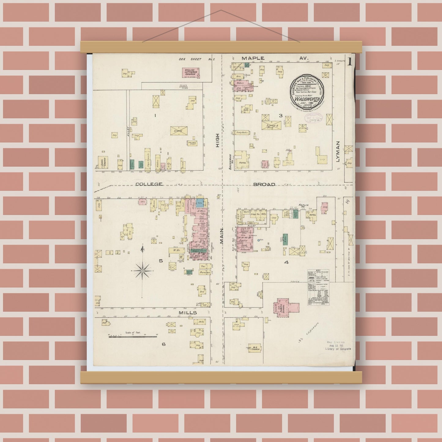 Old map wall art mockup — magnetic wood frame on brick wall — Sanborn Fire Insurance Map from Wadsworth, Medina County, Ohio (1885), Sheet #0001
