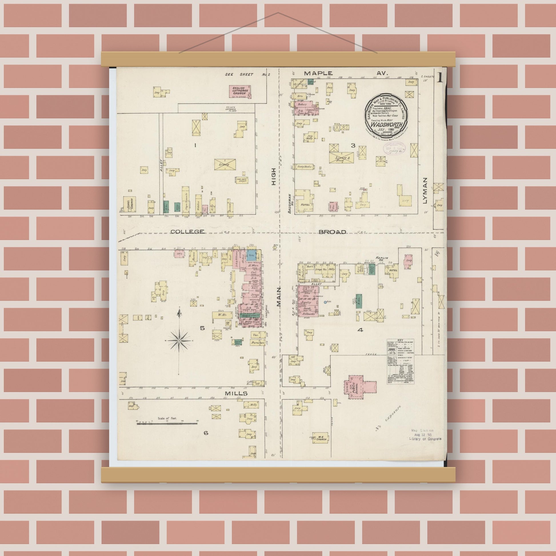 Old map wall art mockup — magnetic wood frame on brick wall — Sanborn Fire Insurance Map from Wadsworth, Medina County, Ohio (1885), Sheet #0001