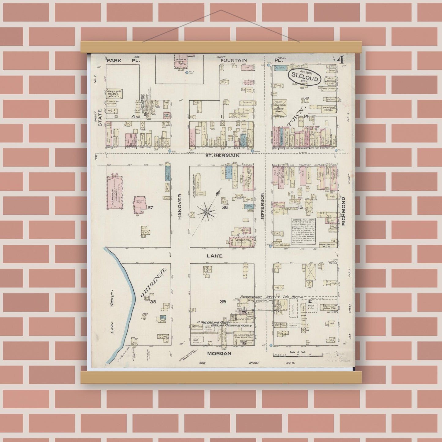 Old map wall art mockup — magnetic wood frame on brick wall — Sanborn Fire Insurance Map from Saint Cloud, Stearns, Benton, and Sherburne Counties, Minnesota (1884), Sheet #0004