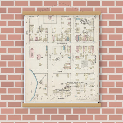 Old map wall art mockup — magnetic wood frame on brick wall — Sanborn Fire Insurance Map from Saint Cloud, Stearns, Benton, and Sherburne Counties, Minnesota (1884), Sheet #0004