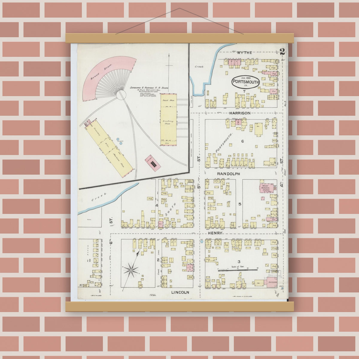 Old map wall art mockup — magnetic wood frame on brick wall — Sanborn Fire Insurance Map from Portsmouth, Independent Cities, Virginia (1888), Sheet #0002