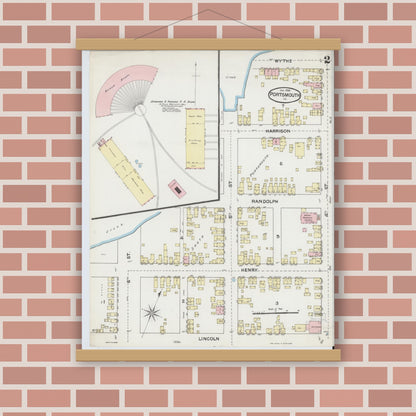 Old map wall art mockup — magnetic wood frame on brick wall — Sanborn Fire Insurance Map from Portsmouth, Independent Cities, Virginia (1888), Sheet #0002