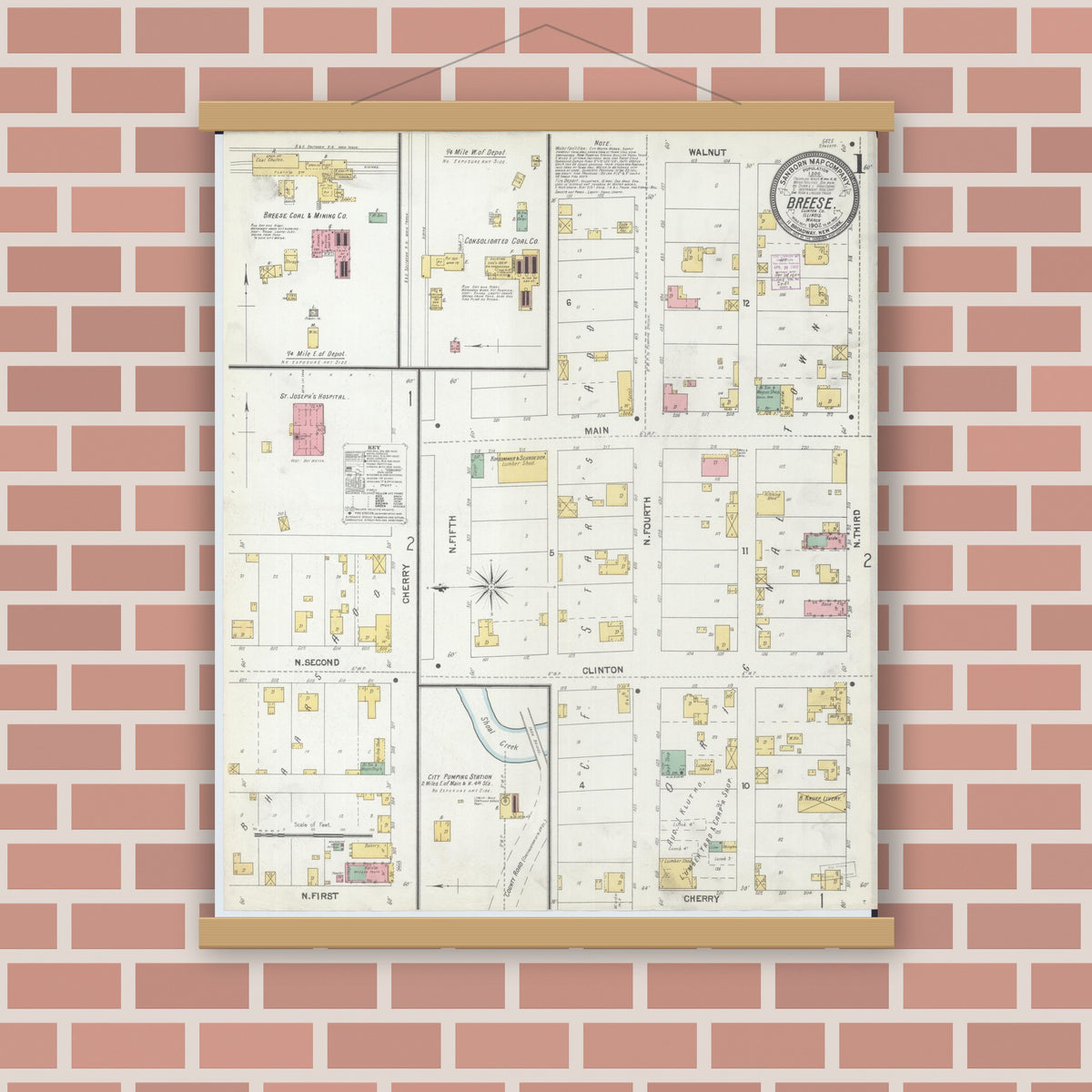Old map wall art mockup — magnetic wood frame on brick wall — Sanborn Fire Insurance Map from Breese, Clinton County, Illinois (1902) - Complete Map Set