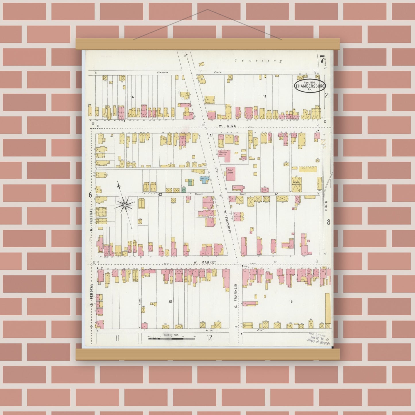 Old map wall art mockup — magnetic wood frame on brick wall — Sanborn Fire Insurance Map from Chambersburg, Franklin County, Pennsylvania (1904), Sheet #0007