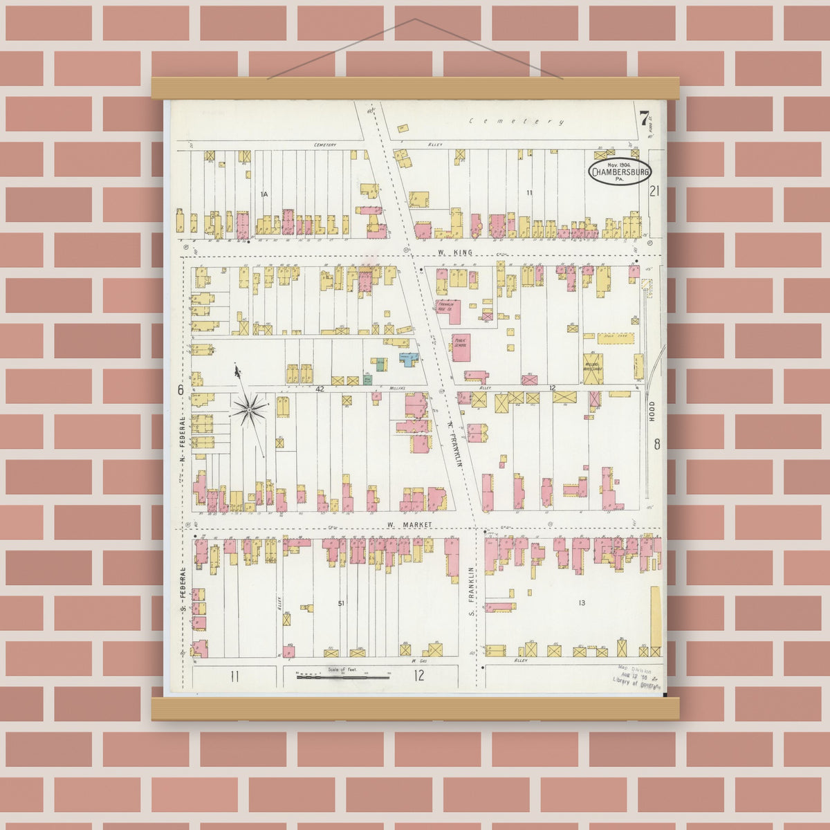 Old map wall art mockup — magnetic wood frame on brick wall — Sanborn Fire Insurance Map from Chambersburg, Franklin County, Pennsylvania (1904), Sheet #0007