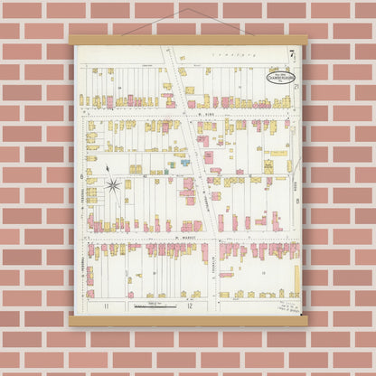 Old map wall art mockup — magnetic wood frame on brick wall — Sanborn Fire Insurance Map from Chambersburg, Franklin County, Pennsylvania (1904), Sheet #0007