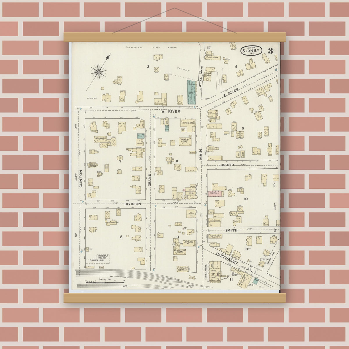 Old map wall art mockup — magnetic wood frame on brick wall — Sanborn Fire Insurance Map from Sidney, Delaware County, New York (1891), Sheet #0003