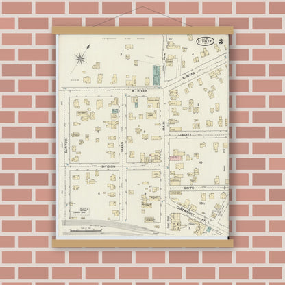 Old map wall art mockup — magnetic wood frame on brick wall — Sanborn Fire Insurance Map from Sidney, Delaware County, New York (1891), Sheet #0003