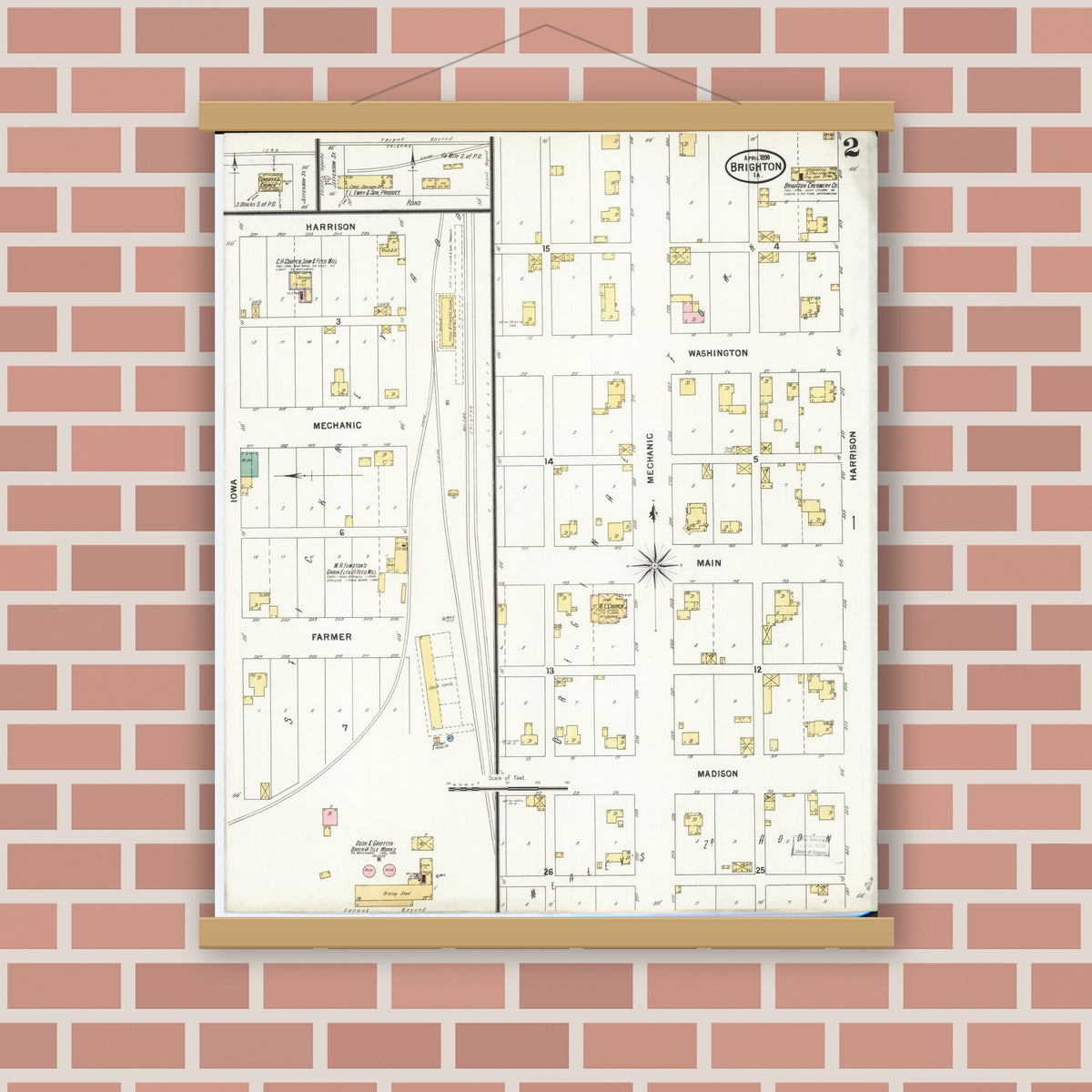 Old map wall art mockup — magnetic wood frame on brick wall — Sanborn Fire Insurance Map from Brighton, Washington County, Iowa (1899), Sheet #0002