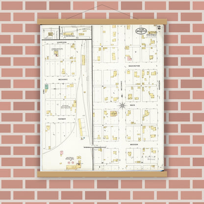 Old map wall art mockup — magnetic wood frame on brick wall — Sanborn Fire Insurance Map from Brighton, Washington County, Iowa (1899), Sheet #0002