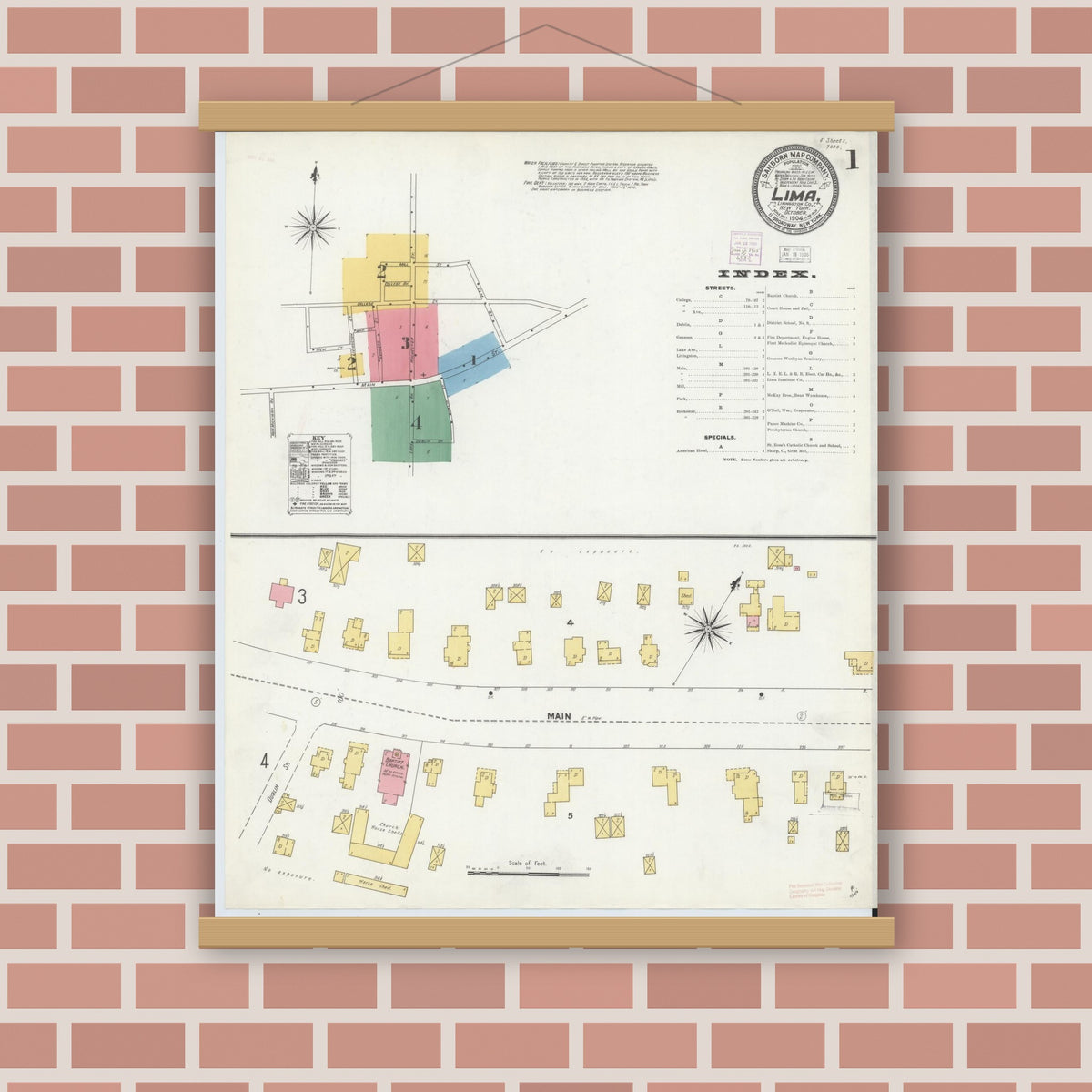 Old map wall art mockup — magnetic wood frame on brick wall — Sanborn Fire Insurance Map from Lima, Livingston County, New York (1904) - Complete Map Set