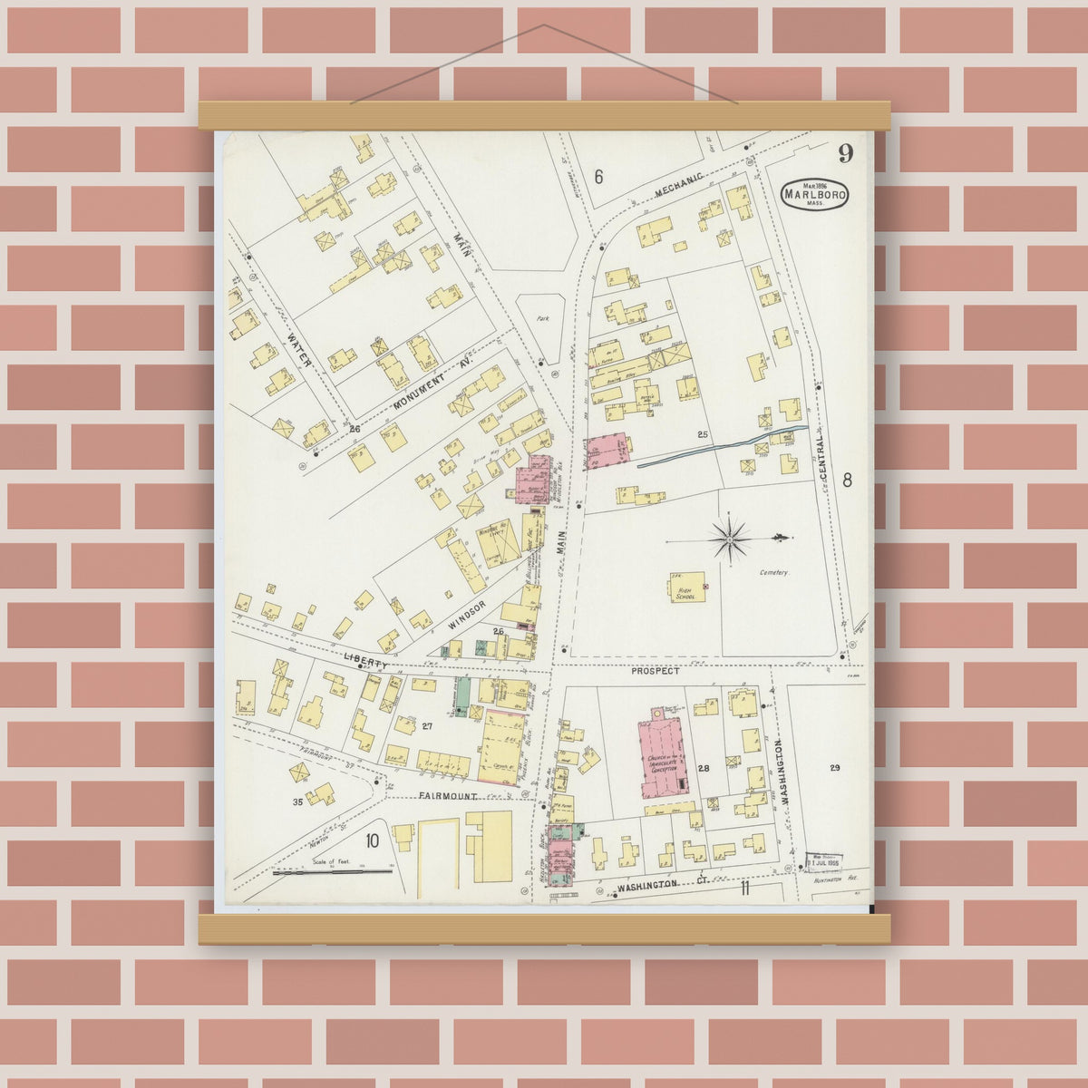 Old map wall art mockup — magnetic wood frame on brick wall — Sanborn Fire Insurance Map from Marlborough, Middlesex County, Massachusetts (1896), Sheet #0009