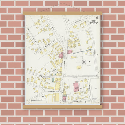 Old map wall art mockup — magnetic wood frame on brick wall — Sanborn Fire Insurance Map from Marlborough, Middlesex County, Massachusetts (1896), Sheet #0009