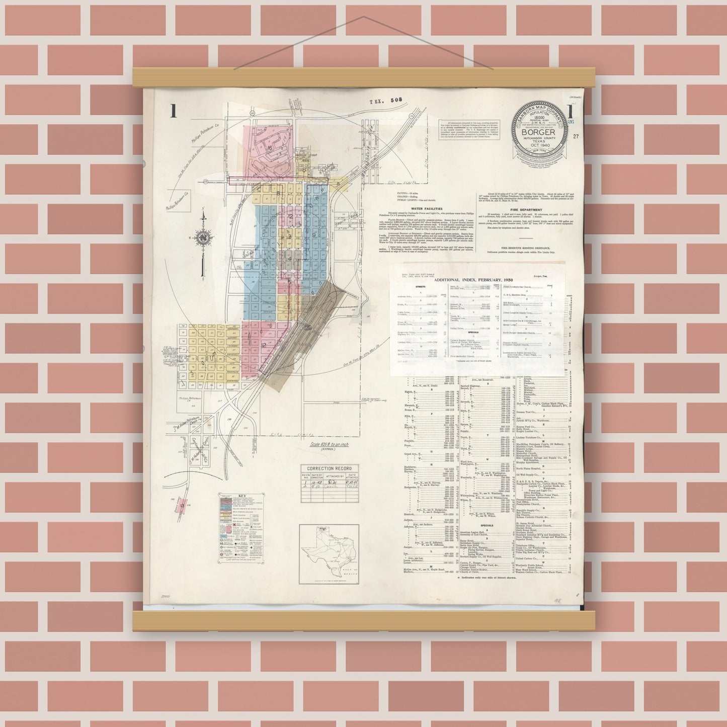 Old map wall art mockup — magnetic wood frame on brick wall — Sanborn Fire Insurance Map from Borger, Hutchinson County, Texas (1950), Sheet #0001