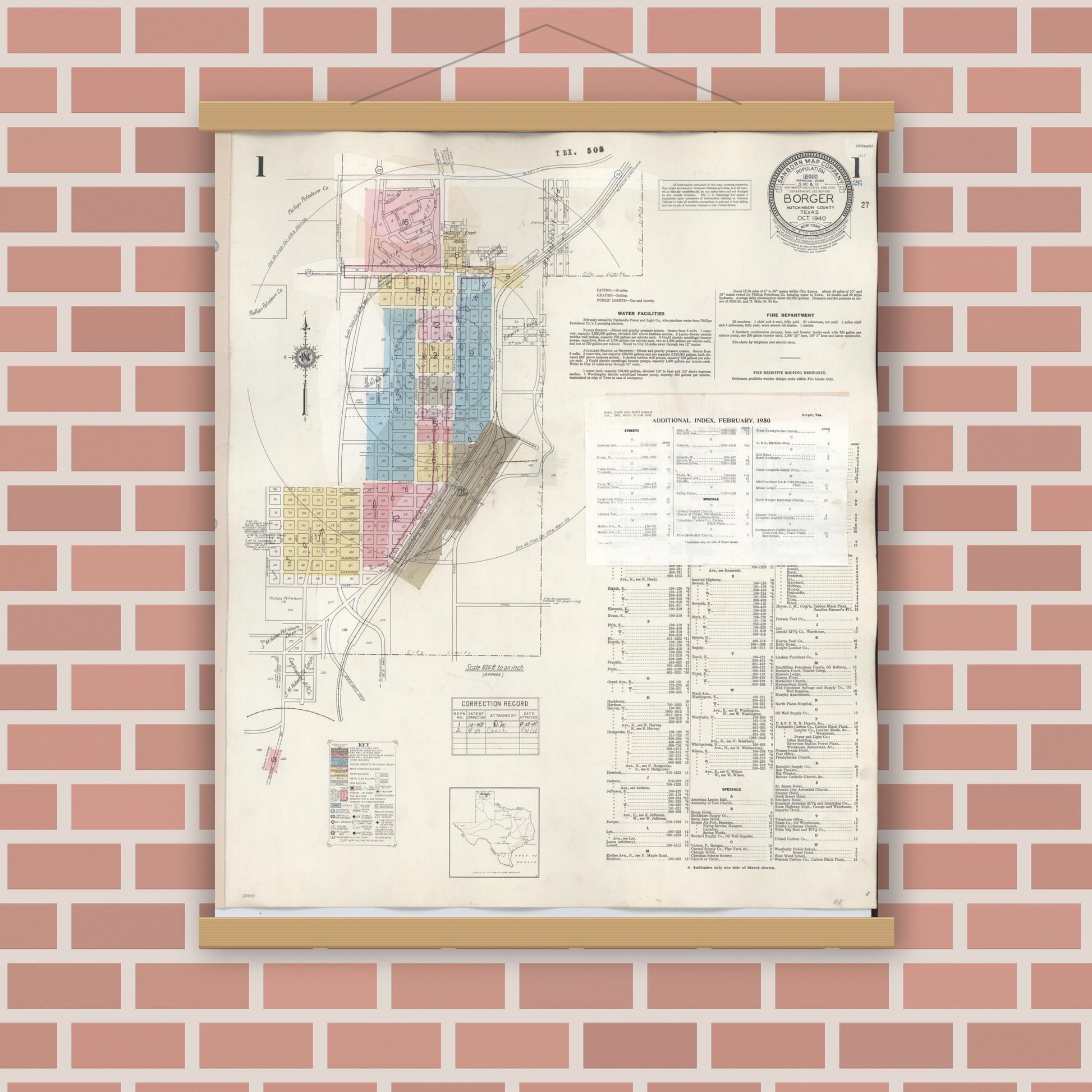 Old map wall art mockup — magnetic wood frame on brick wall — Sanborn Fire Insurance Map from Borger, Hutchinson County, Texas (1950), Sheet #0001